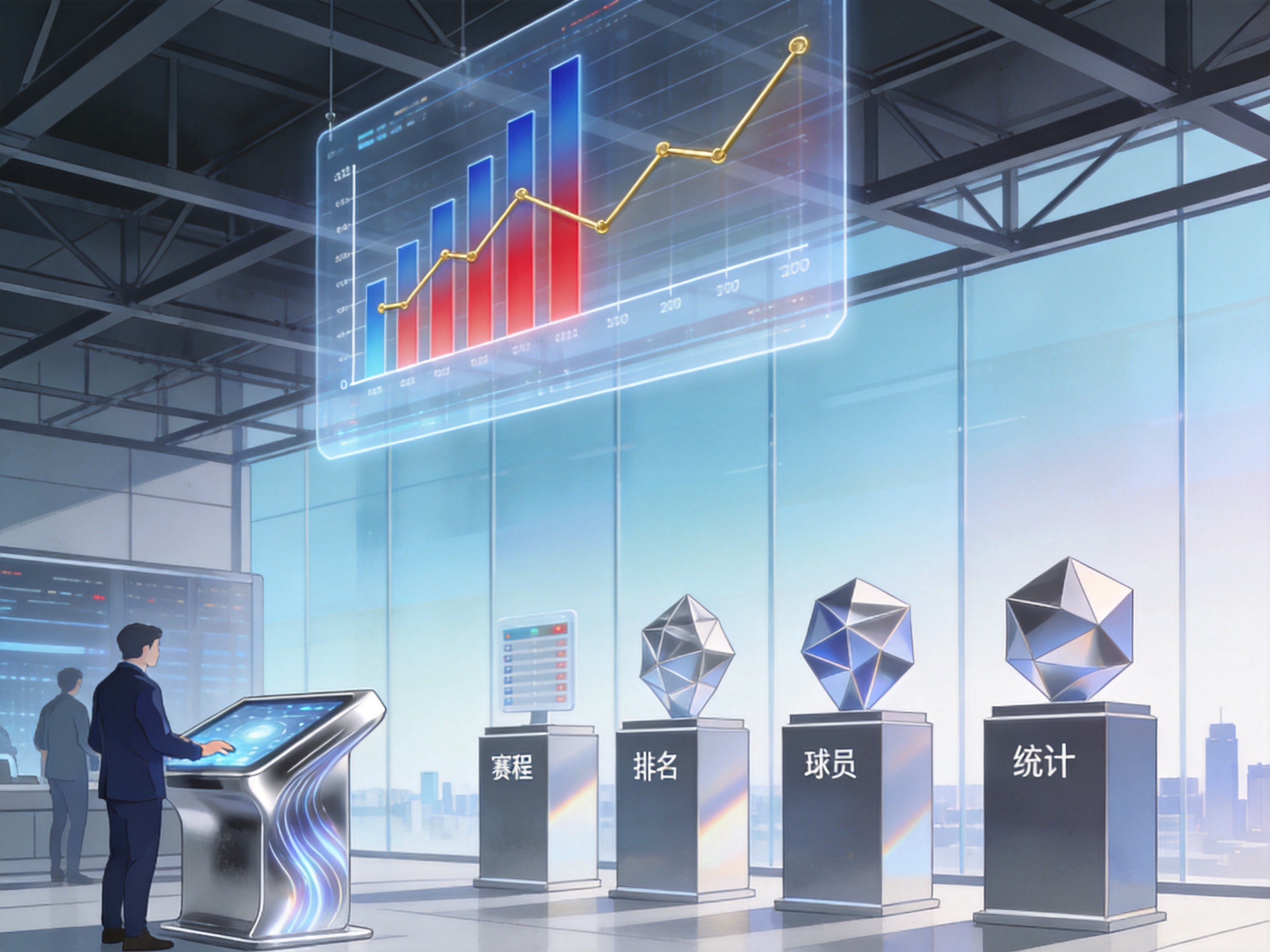 体育数据分析图表界面，展示比赛统计柱状图与趋势折线